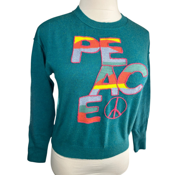 Sundance Colors Of Peace Sweater Teal Rare Rainbow Graphic Soft Wool Blend PXS - Picture 5 of 16